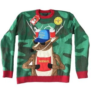 NEW Blizzard‎ Reindeer Beer Drink Holder Collage Ugly Christmas party Sweater S
